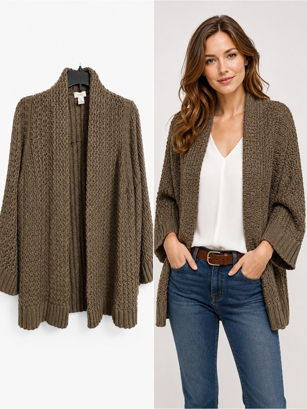 Chico’s Open Front Chunky Knit Cardigan Sweater Brown Shawl Collar 3/4 Sleeve S